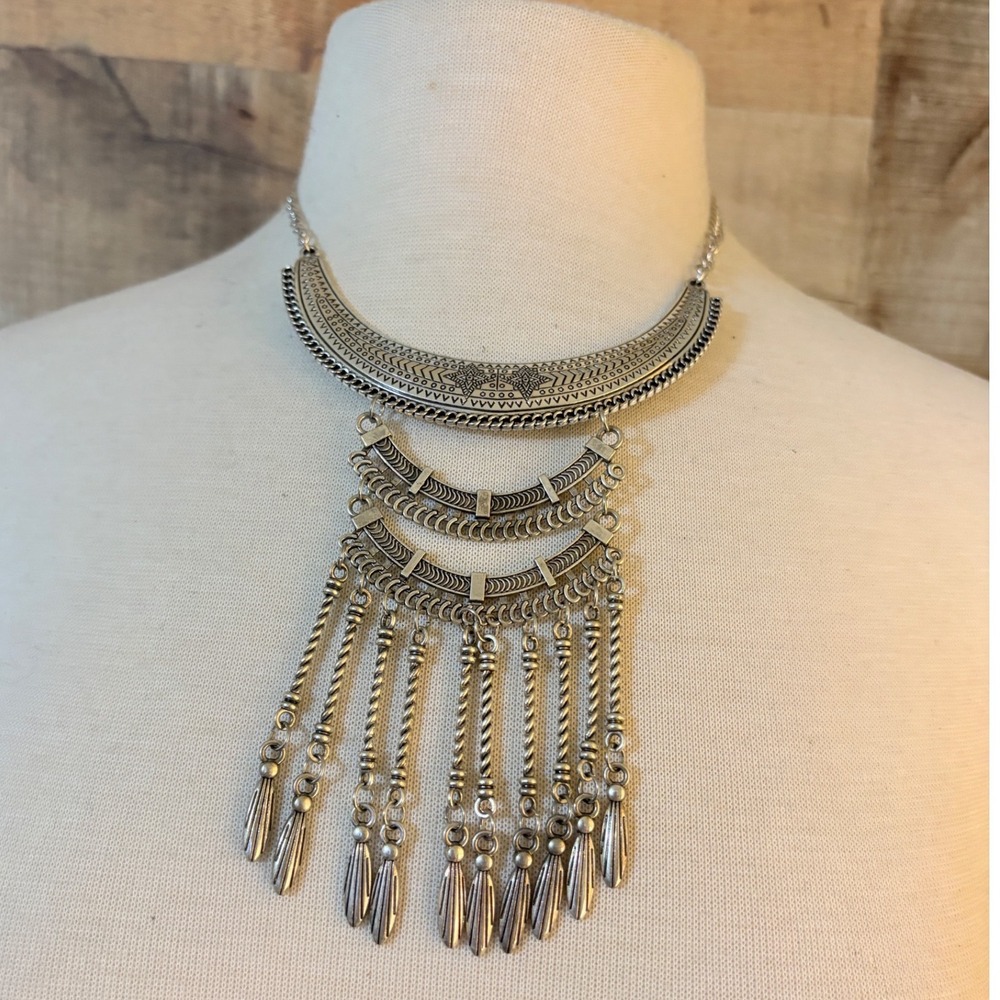 Antiqued Silver Tone Tiered Bib Necklace Etched Crescent Fringe Statement